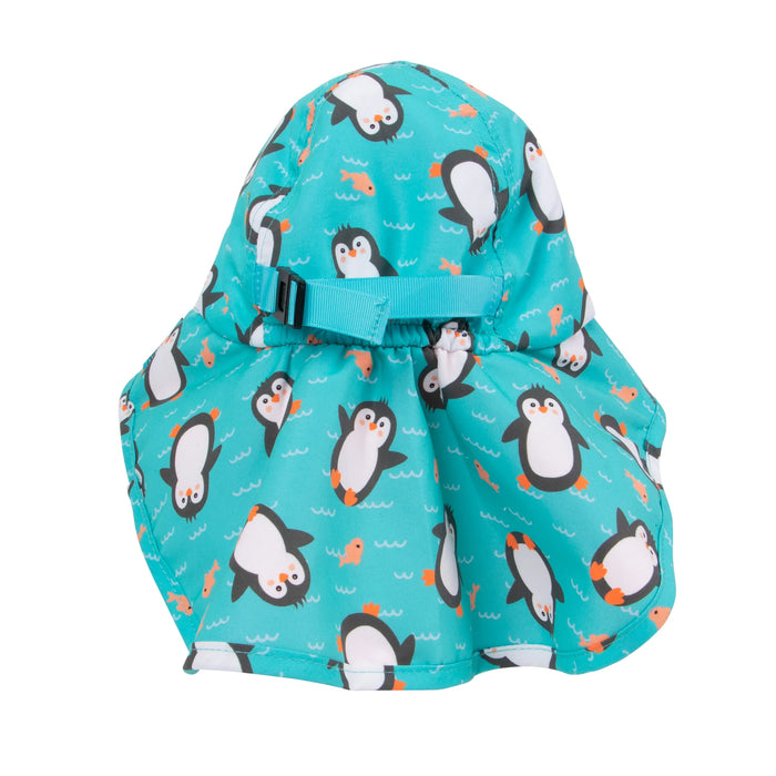 Zoocchini cape sunhat with penguin and fish print shown from the back on a white background.