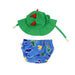 Zoocchini swim diaper set with green dinosaur hat and blue dinosaur print bottoms on white background.