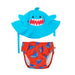Zoocchini swim diaper set featuring a blue shark-themed hat and red swim diaper with shark print on white background.