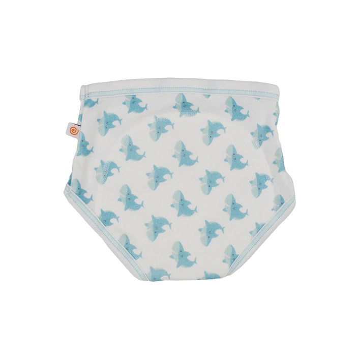 Zoocchini training underwear with blue shark pattern shown flat on a white background.