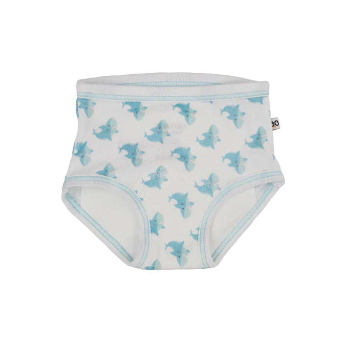 Zoocchini training underwear with blue shark print shown flat on a white background.