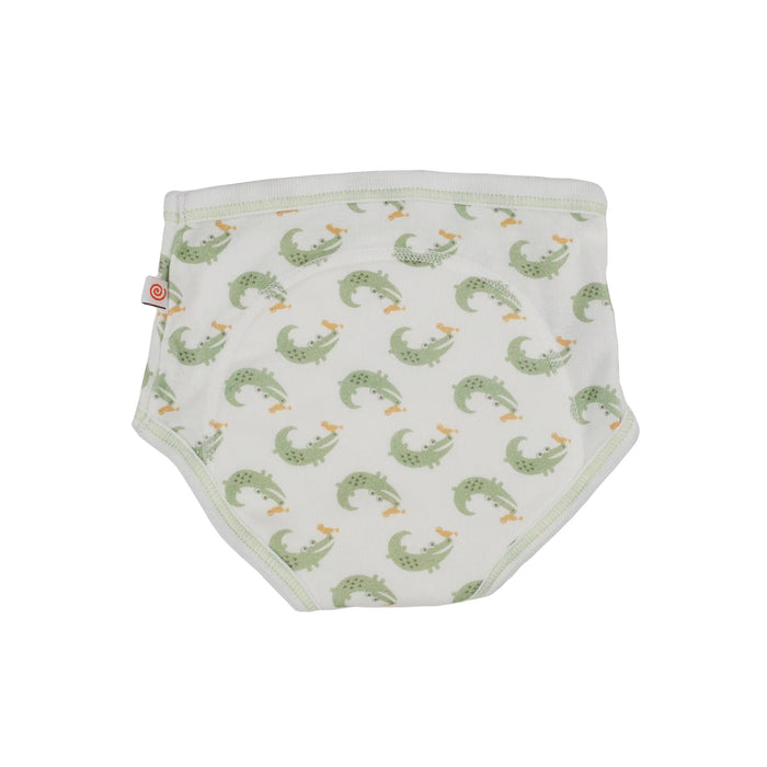 Zoocchini training underwear with green alligator print on a white background, shown flat.