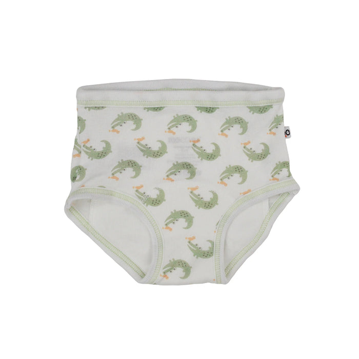 Zoocchini training underwear white with green alligator print shown flat on white background.