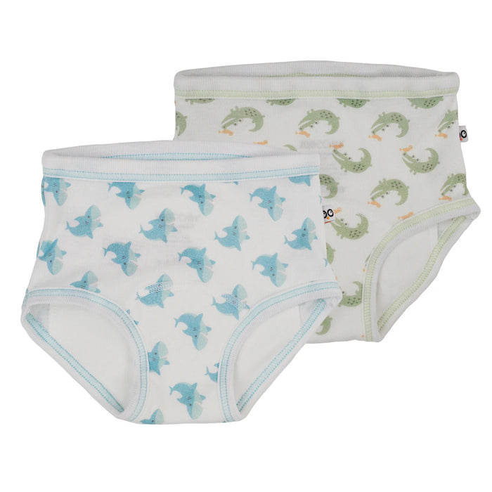 Zoocchini training underwear 2-pack with shark and crocodile prints displayed side by side.
