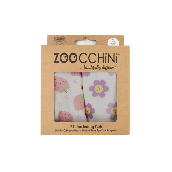 Zoocchini training underwear 2-pack in cotton with strawberry and flower designs, shown in packaging.