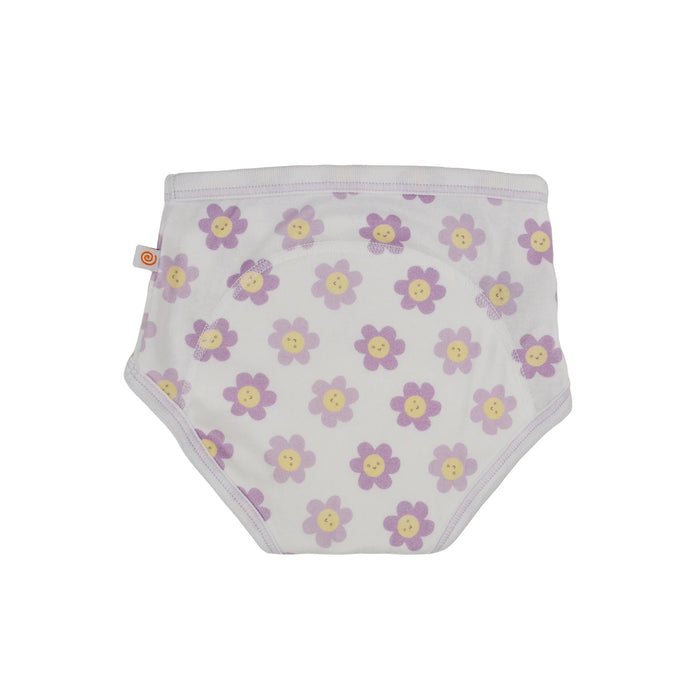 Zoocchini training underwear with purple and yellow flower print shown flat on a white background.