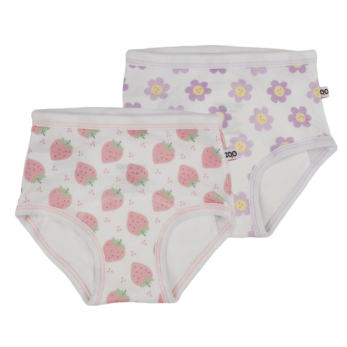 Zoocchini training underwear 2-pack with pink strawberry and purple flower prints shown flat