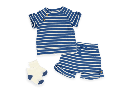 Baby Mode® - Baby Mode Boys NB 3 Piece Ribbed Short Set: Blue Stripe
