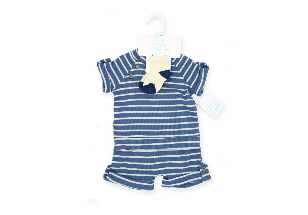 Baby Mode® - Baby Mode Boys NB 3 Piece Ribbed Short Set: Blue Stripe