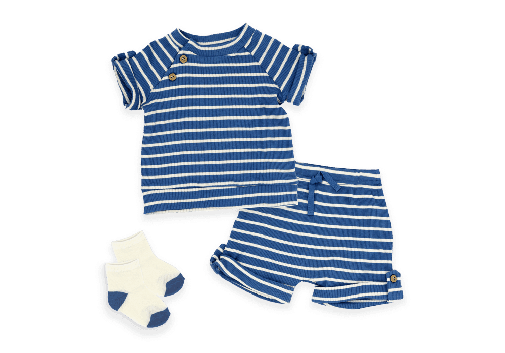 Baby Mode® - Baby Mode Boys NB 3 Piece Ribbed Short Set: Blue Stripe