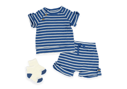 Baby Mode® - Baby Mode Boys NB 3 Piece Ribbed Short Set: Blue Stripe
