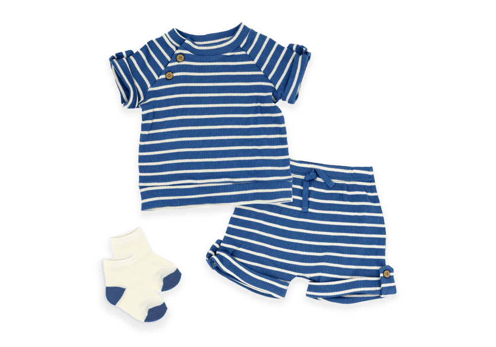 Baby Mode Boys NB 3 Piece Ribbed Short Set: Blue Stripe