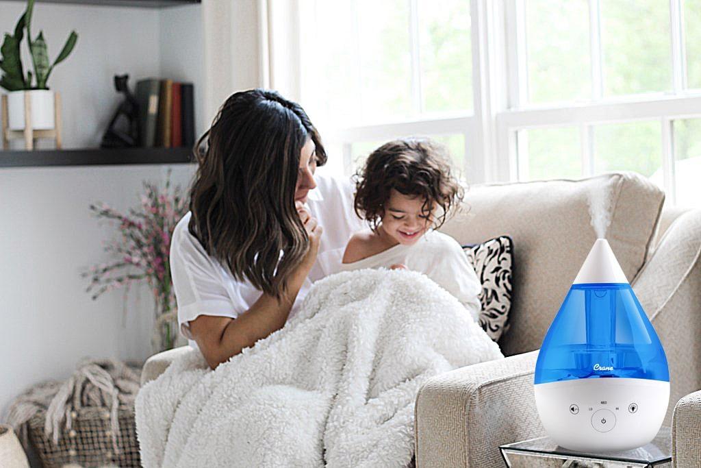 Crane - Crane 3-in-1 Ultrasonic Cool Mist Top Fill Blue & White Drop Humidifier