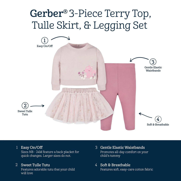 Gerber - Gerber 3-Piece Baby Woodland Top,Tutu, & Legging Set (12-24m)