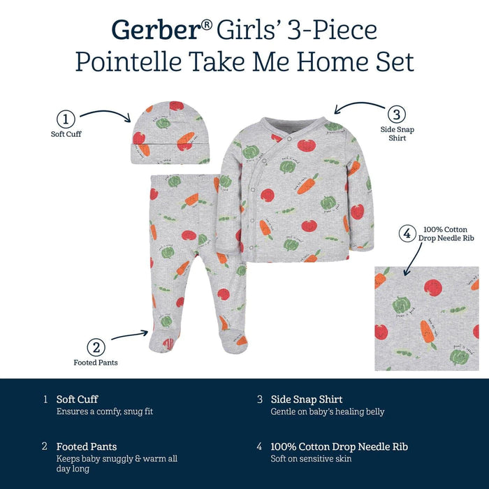 Gerber - Gerber 3-Piece Take Me Home Set Shirt, Pant and Cap -Vegetables (0-6m)
