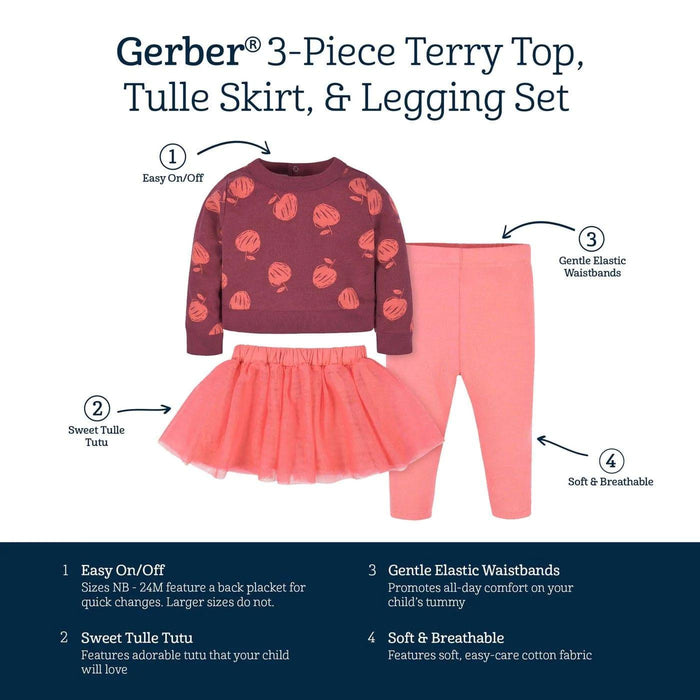 Gerber - Gerber 3-Piece Toddler Girls Apples Top,Tutu, & Legging Set (2-5t)