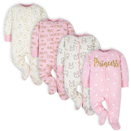 Gerber - Gerber 4-Pack Baby Girls Princess Sleep 'n Plays with Mitten Cuffs, Newborn