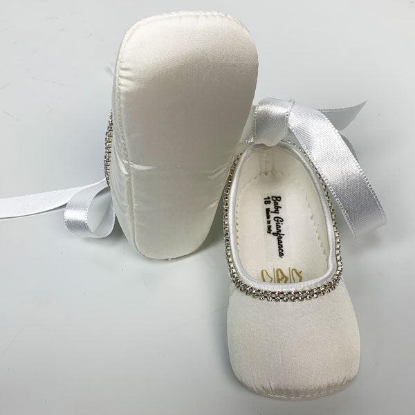 Gianfranca® - Gianfranca Baby Girl Ivory Baptism Shoes with Rhinestons & Bow - Made in Italy