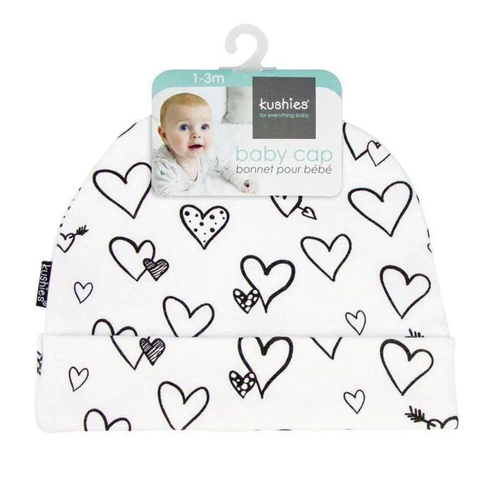 Goldtex - Kushies Baby Cap, 1-3m - Black and White Hearts
