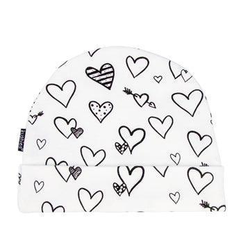 Goldtex - Kushies Baby Cap, 1-3m - Black and White Hearts