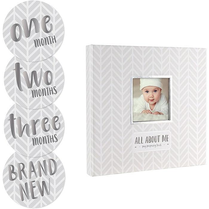 Pearhead® - Pearhead Baby's Memory Book & Sticker Set - Herringbone Grey