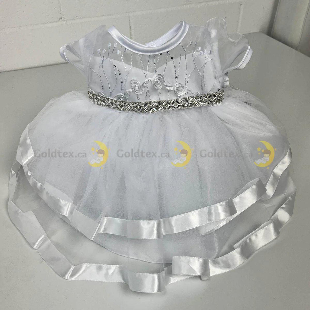 Sabaland® - Sabaland® White Baptism Dress with satin trims and rhinestone belt