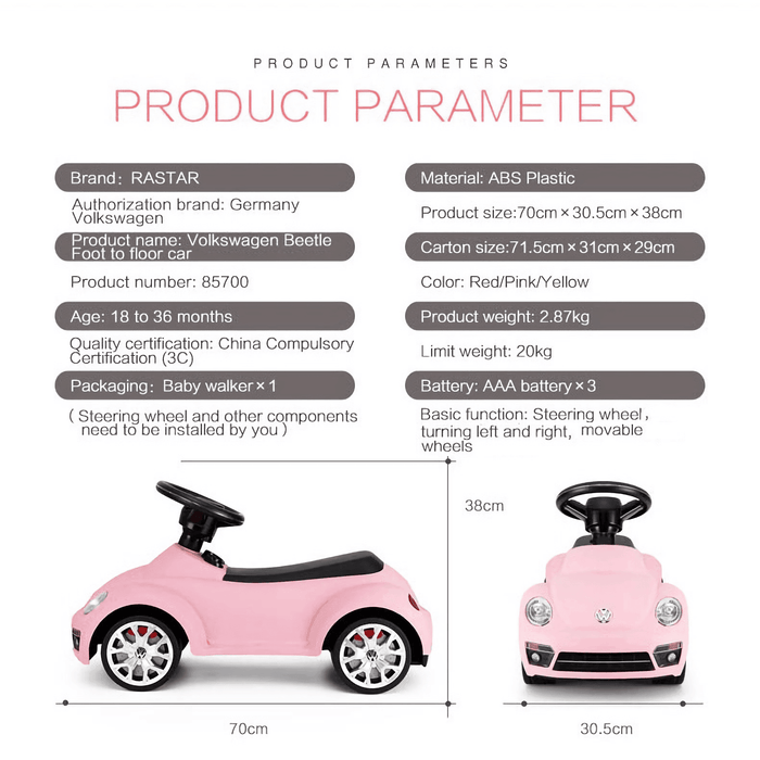 Voltz Toys - Voltz Toys Rastar Volkswagen Beetle Kids Foot to Floor Push Along Ride-On Car